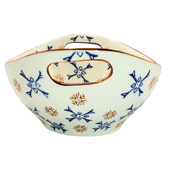 Temptations Atomic Flower Oval Vegetable Serving Bowl Blue/Gold/Ivory - Picture 2 of 8